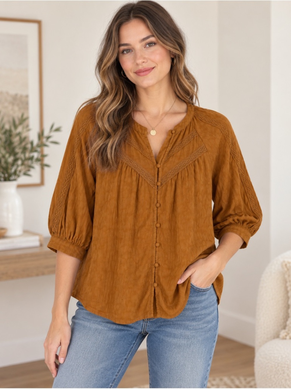 MOTF Button-Front Peasant Blouse - Rust Brown